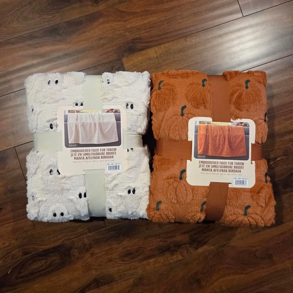 Halloween Ghost & Pumpkin Embroidered Faux Fur Throw Blanket Set 60x70 Viral NEW